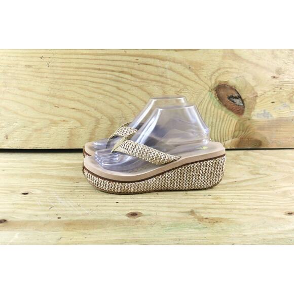 Volatile Sandals Womens Sz 9 Brown Basket Weave Platform Wedge Thong Shoes - Picture 1 of 9